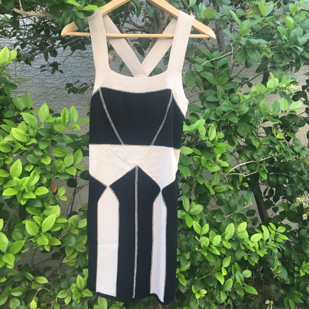 H&M Black Tan Fitted Dress Halter Crisscross back